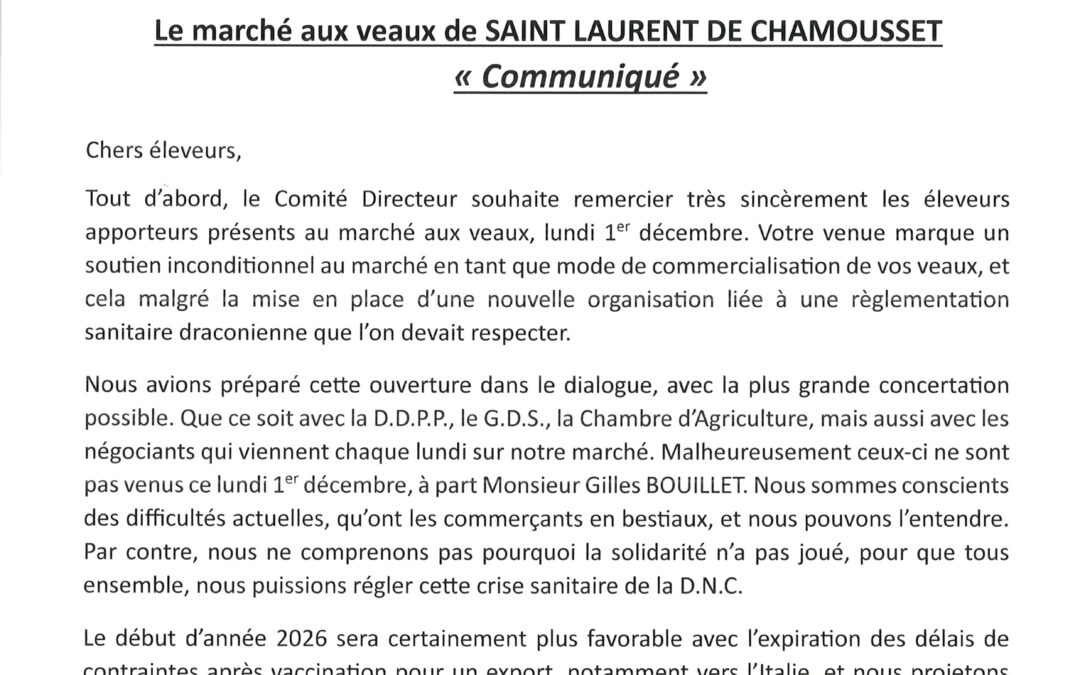 COMMUNIQUE –  Marché aux Veaux